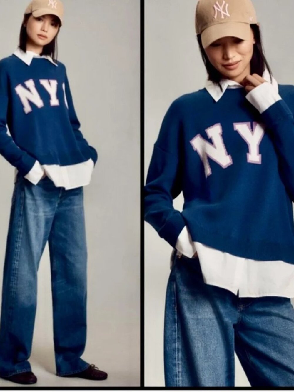 NEW Maeve Anthropologie Graphic Twofer Sweater NYC Blue Oversized Size S